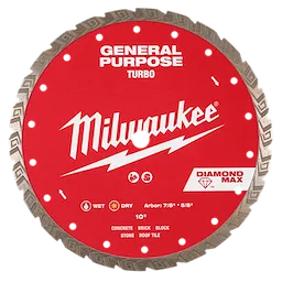 Image of a 10" DIAMOND MAX™ Turbo, General Purpose Diamond Blade by Milwaukee. The red, circular blade features a logo and details indicating usage for cutting concrete, brick, block, stone, and roof tile. It supports both wet and dry cutting and includes arbor sizes 7/8” and 5/8”.