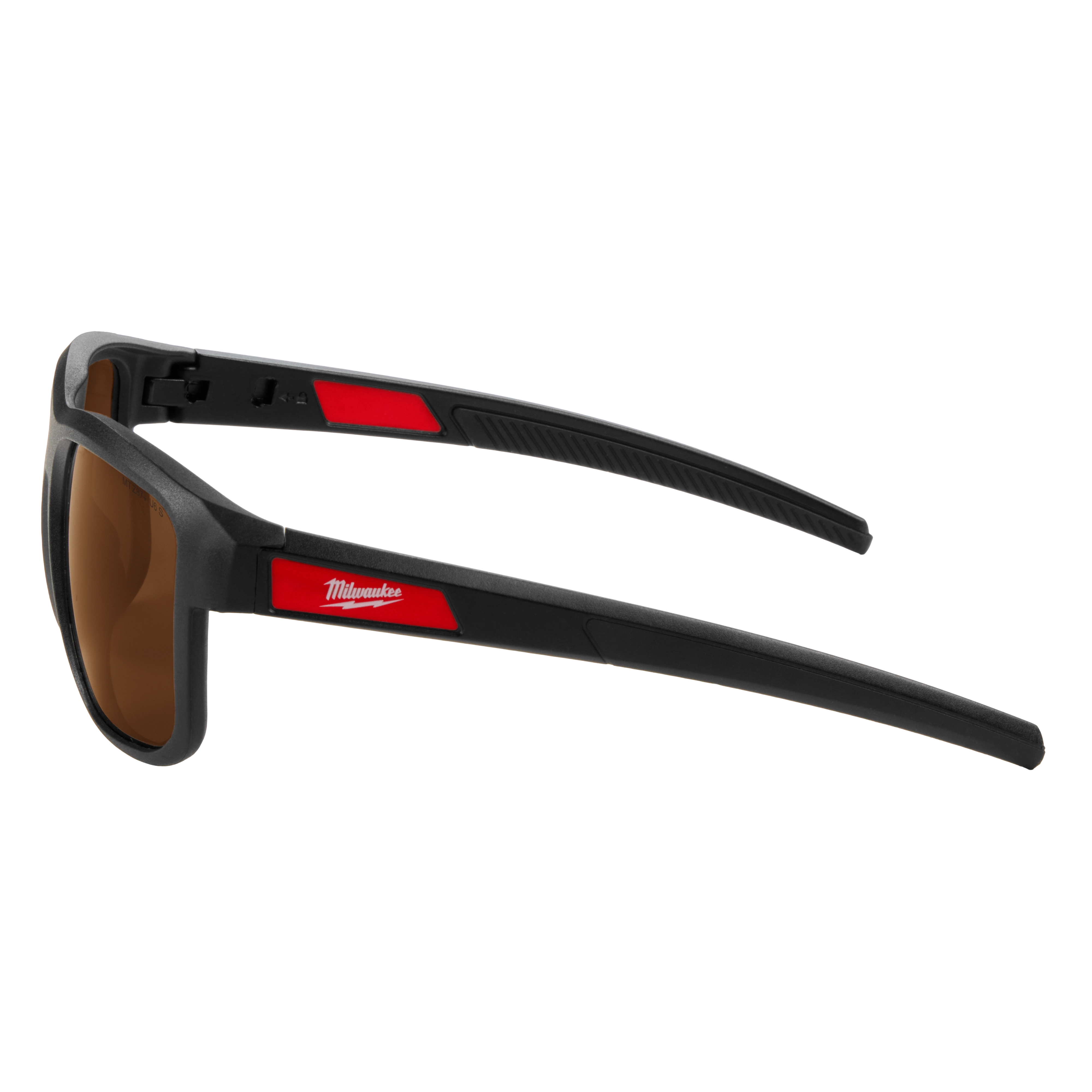Full Frame Safety Glasses with Removable Side Shields – Brown Anti-Scratch Lenses feature a sleek black frame with red accents. The glasses have a lightweight design and removable side shields for added protection. The brown lenses are designed to resist scratches, providing durability for various safety needs.
