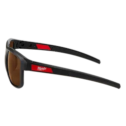 Full Frame Safety Glasses with Removable Side Shields – Brown Anti-Scratch Lenses feature a sleek black frame with red accents. The glasses have a lightweight design and removable side shields for added protection. The brown lenses are designed to resist scratches, providing durability for various safety needs.