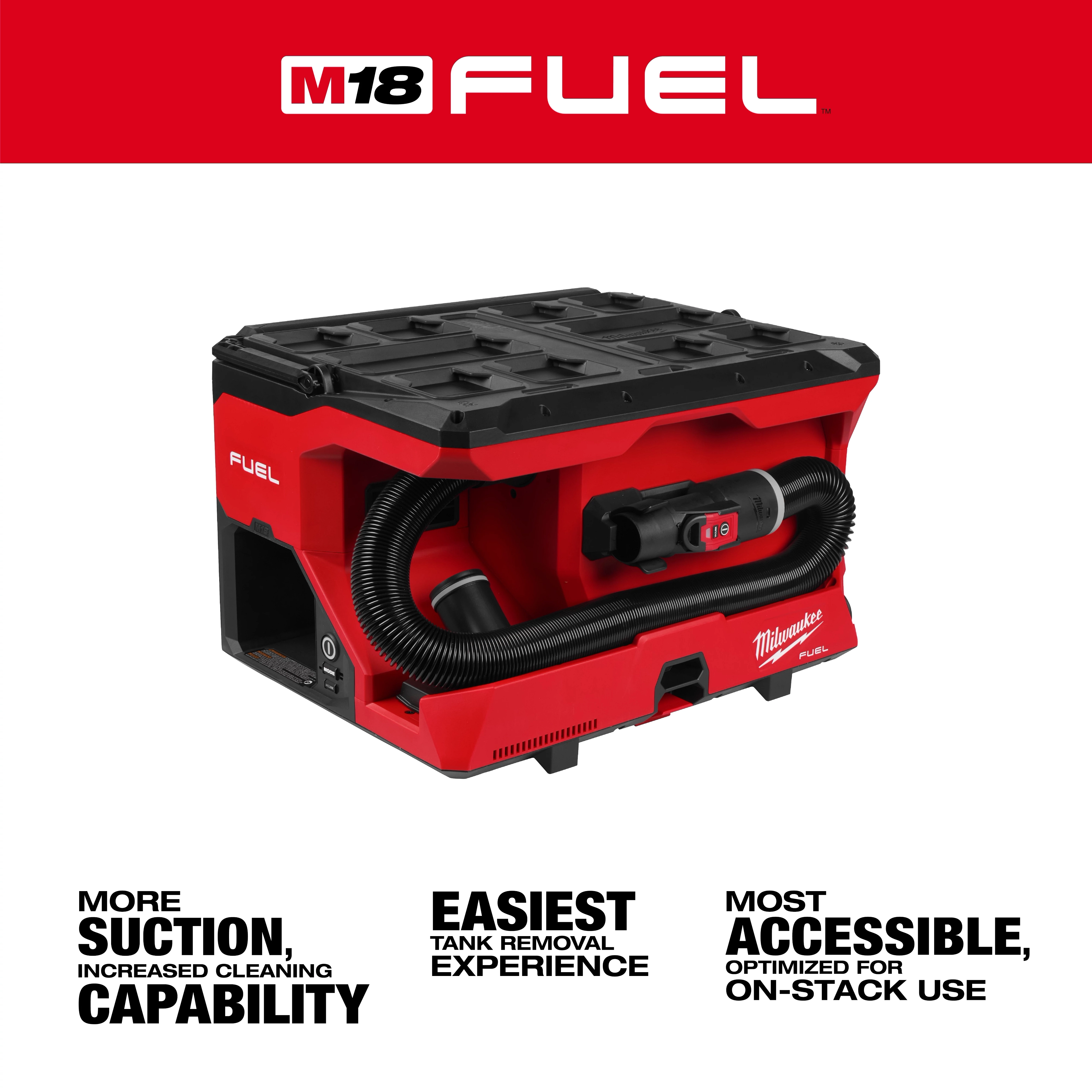 M18 FUEL 4 Gallon Wet/Dry Vacuum w/ PACKOUT Compatibility & VACLINK on a white background with hose stored on front.