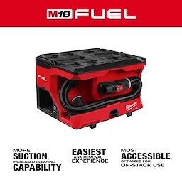 M18 FUEL 4 Gallon Wet/Dry Vacuum w/ PACKOUT Compatibility & VACLINK on a white background with hose stored on front.