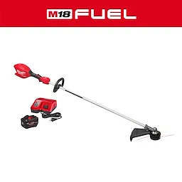 M18 FUEL 16" String Trimmer Kit includes a red string trimmer, battery, and charger, with the M18 FUEL logo in the background.