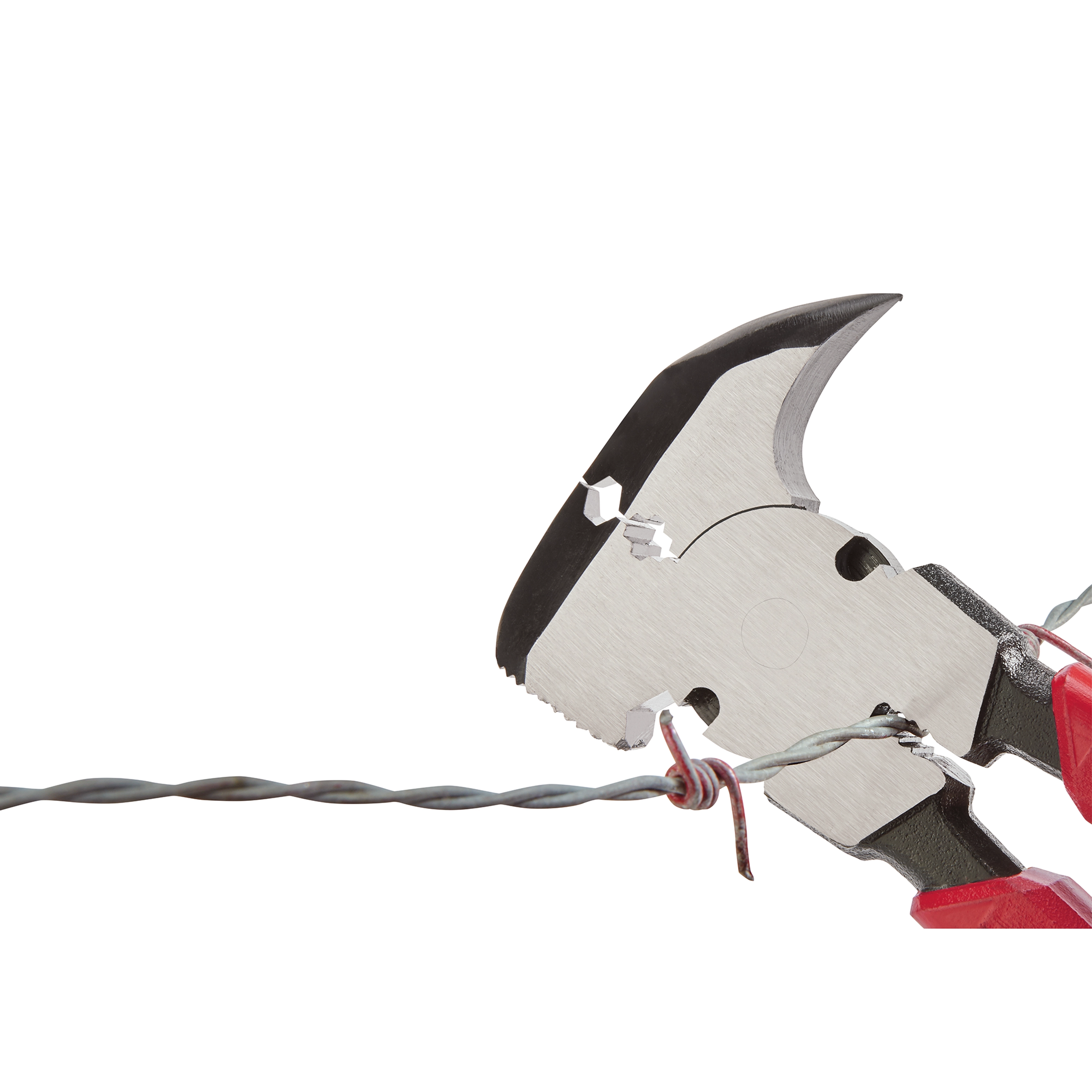 The image shows Comfort Grip Fencing Pliers gripping a twisted metal wire. The pliers have a durable, metallic build with red handles, featuring a cutting edge, gripping jaws, and a striking face.