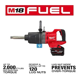 The M18 FUEL™ 1" D-Handle Extended Anvil High Torque Impact Wrench with ONE-KEY™. Includes text: "Up to 2000 ft-lbs nut-busting torque," "Remove & install up to 120 lug nuts," and "Lug nut mode prevents over-torque." Image features the tool against a white background.