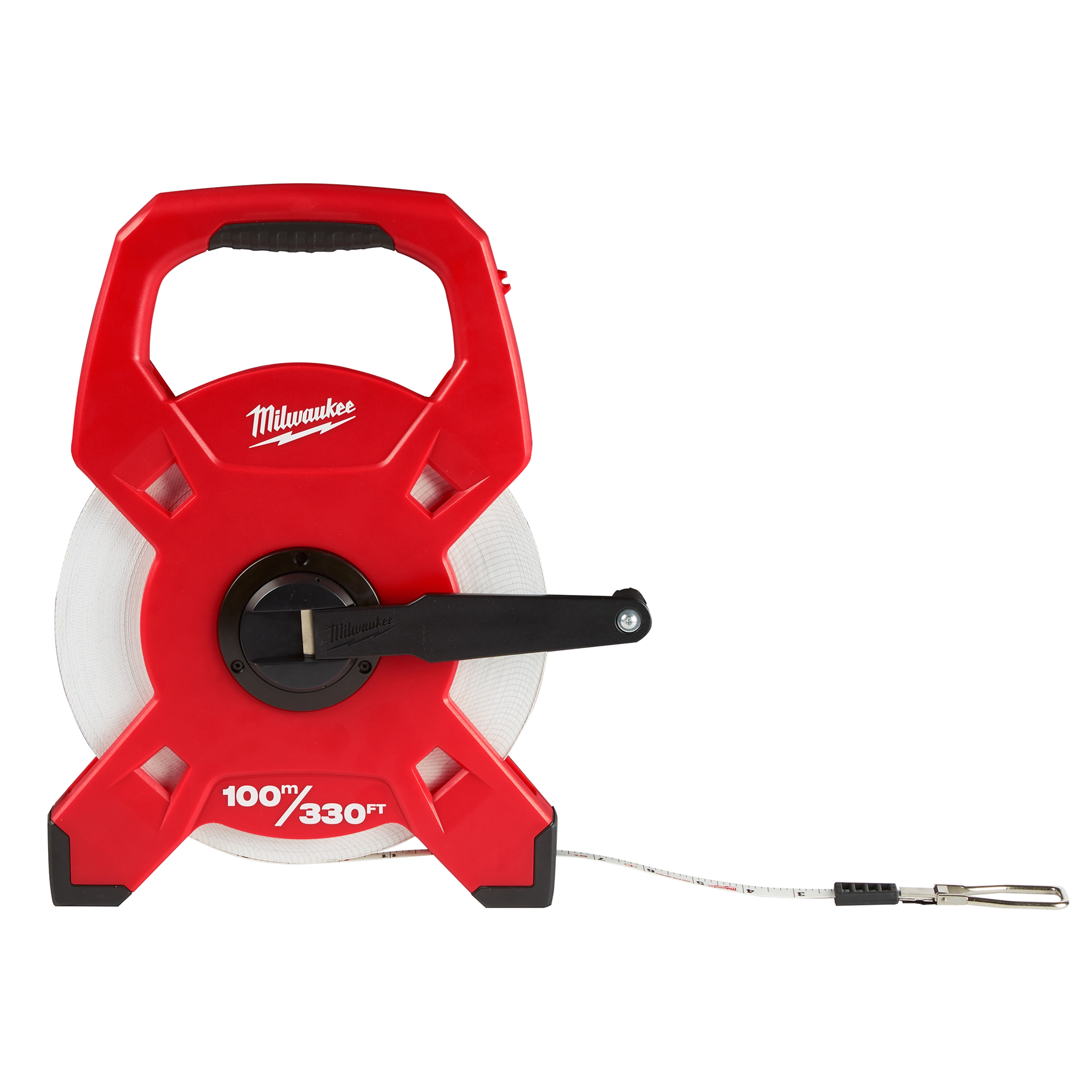 Red 100m/330ft fiberglass long tape in an ergonomic case with a black handle and a metal end hook.