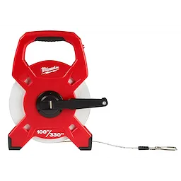 Red 100m/330ft fiberglass long tape in an ergonomic case with a black handle and a metal end hook.