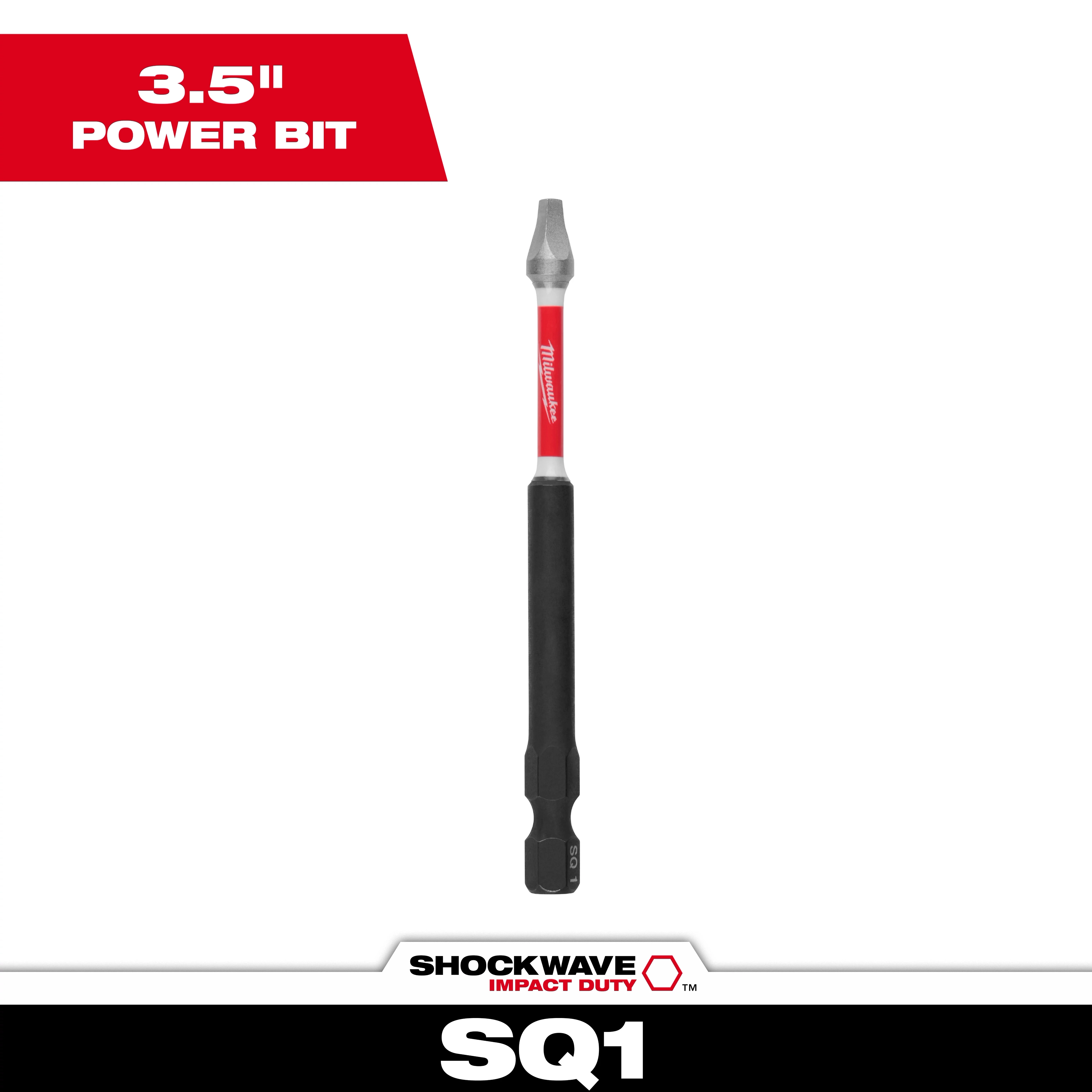 Image of the SHOCKWAVE™ 3-1/2” Impact Square Recss #1 Power Bit. The bit is black with a red accent in the middle, and it is designed for heavy-duty impact usage. The image highlights its length of 3.5 inches.
