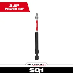Image of the SHOCKWAVE™ 3-1/2” Impact Square Recss #1 Power Bit. The bit is black with a red accent in the middle, and it is designed for heavy-duty impact usage. The image highlights its length of 3.5 inches.