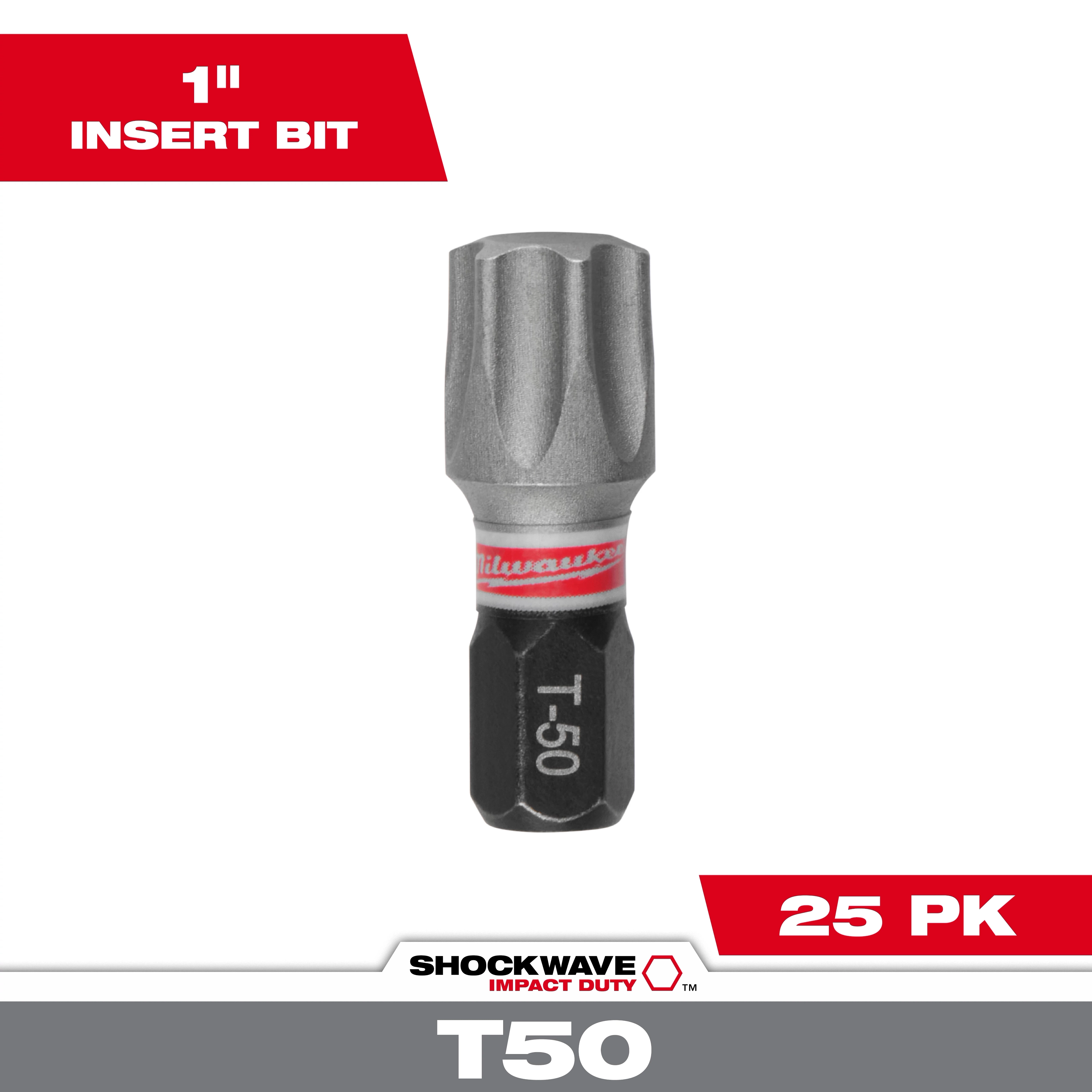 The image shows a SHOCKWAVE™ 1" Impact TORX® T50 Insert Bit, which comes in a pack of 25. The bit is designed for heavy-duty impact applications and has "T-50" marked on it. The packaging highlights the product's durability and performance.