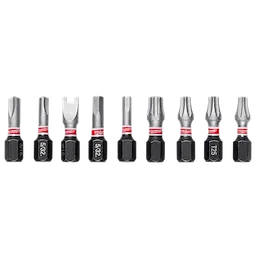 The SHOCKWAVE™ 1" Impact Duty Security Insert Bit Set - 9PC image shows a set of nine distinct insert bits, each labeled with various sizes and types, designed for impact duty use. Each bit has a black and metallic finish with red and white branding.