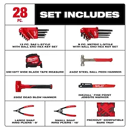 The 28-piece set includes a 9pc. Pliers & Wrench Set for PACKOUT Drawers, plus L-style hex key sets, tape measure, ball peen hammer, dead blow hammer, jobsite marker, snap ring pliers, and PACKOUT compatible bare tray. Items feature Milwaukee branding and red accents.