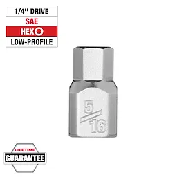 1/4" Drive 5/16" Low-Profile Hex Bit Socket in silver, showcasing SAE compatibility, hex shape, and lifetime guarantee badge.