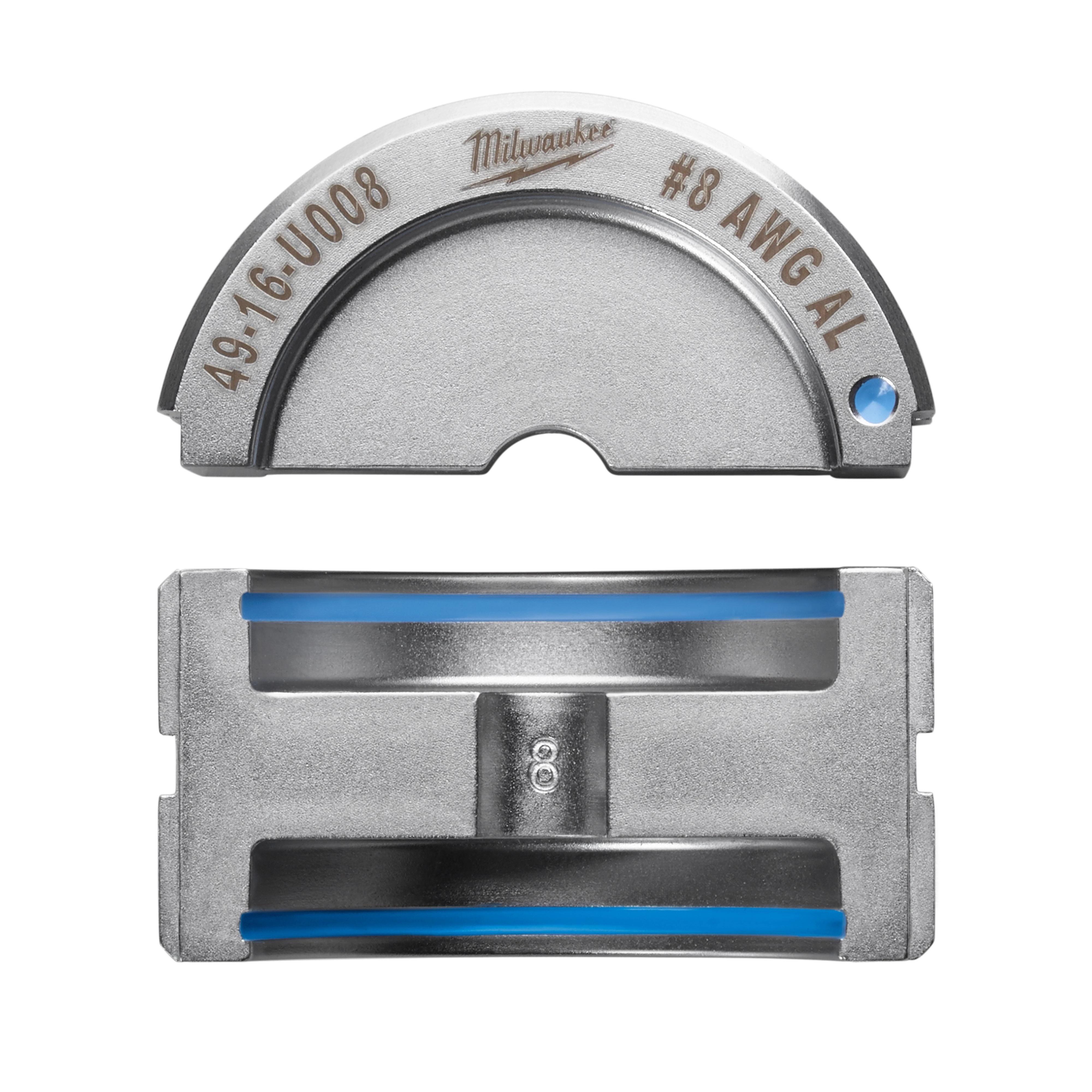 %238 Aluminum U Style Die for #8 AWG aluminum wire, featuring a semi-circular top piece and a rectangular base with blue accents, shown in a silver finish.
