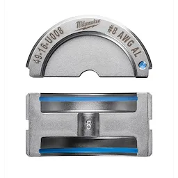 %238 Aluminum U Style Die for #8 AWG aluminum wire, featuring a semi-circular top piece and a rectangular base with blue accents, shown in a silver finish.