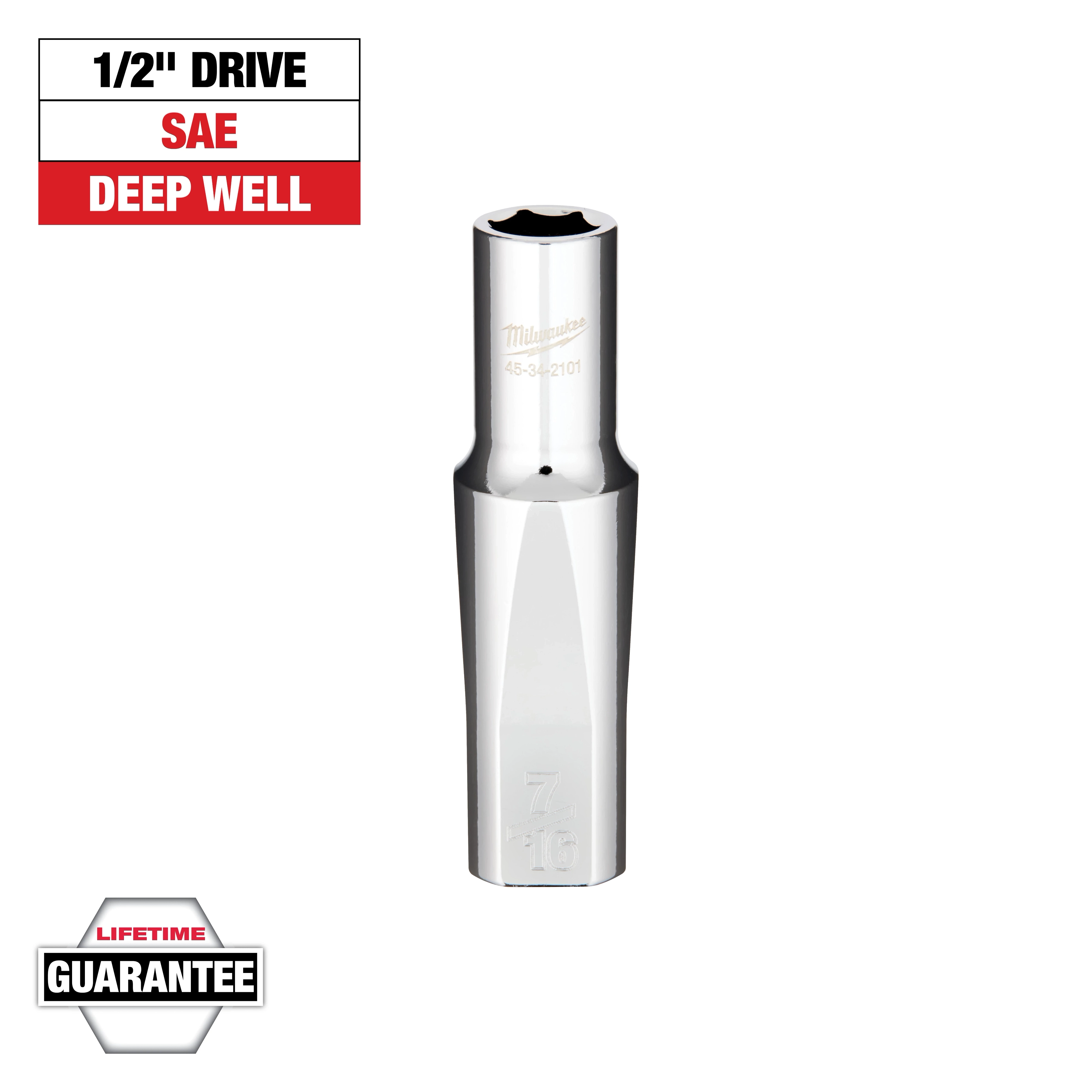 The image shows a 7/16-inch deep well socket with a 1/2-inch drive, from Milwaukee. The socket is shiny, metallic, and labeled "SAE." The image also features the phrases "LIFETIME GUARANTEE" and "SAE DEEP WELL" in red and white text boxes.