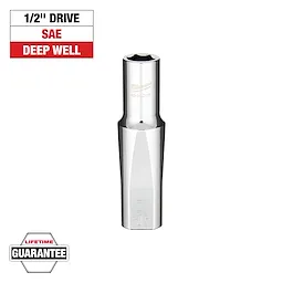 The image shows a 7/16-inch deep well socket with a 1/2-inch drive, from Milwaukee. The socket is shiny, metallic, and labeled "SAE." The image also features the phrases "LIFETIME GUARANTEE" and "SAE DEEP WELL" in red and white text boxes.