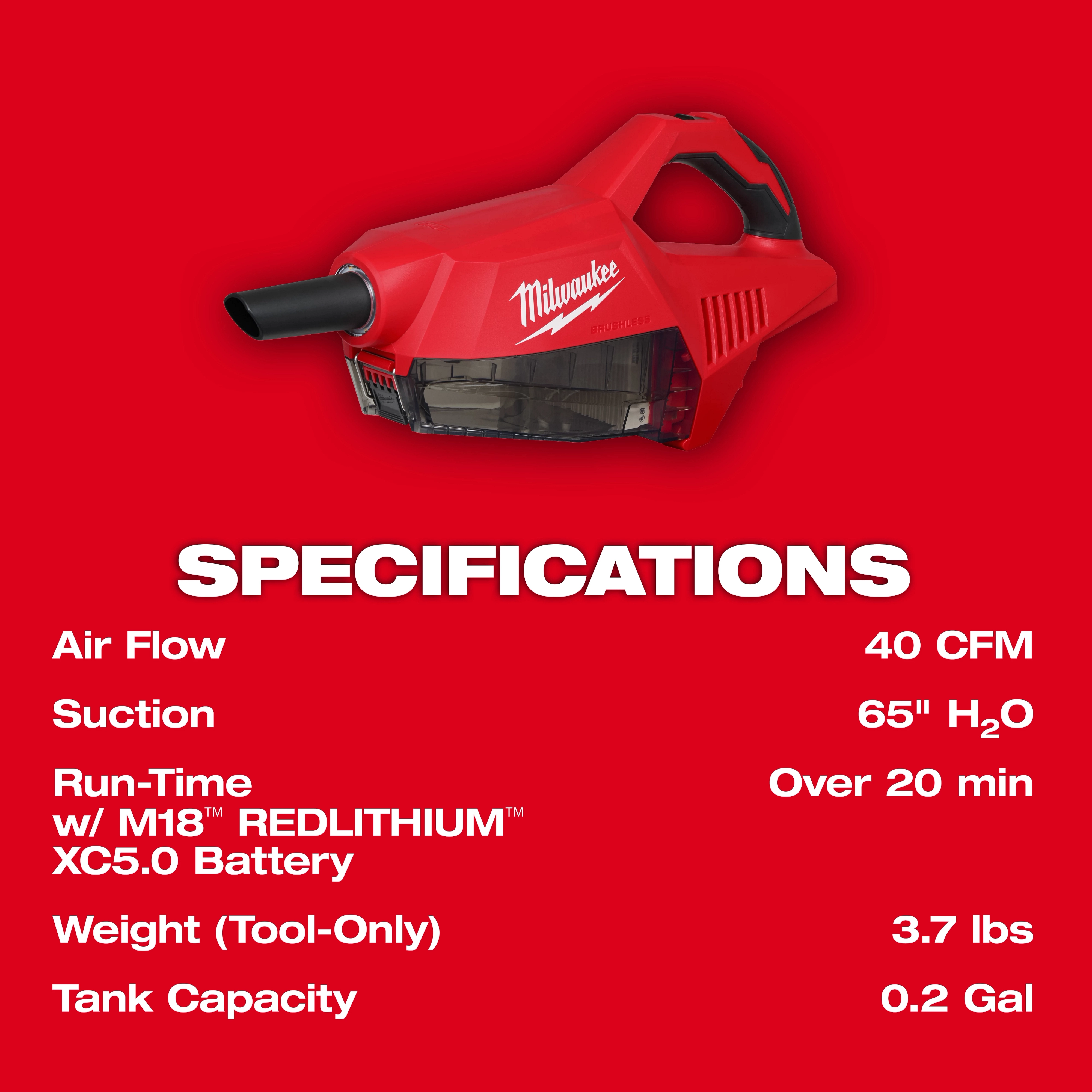 Red handheld vacuum cleaner labeled M18 Brushless Handheld Vacuum with specifications including 40 CFM airflow and 65" H2O suction.