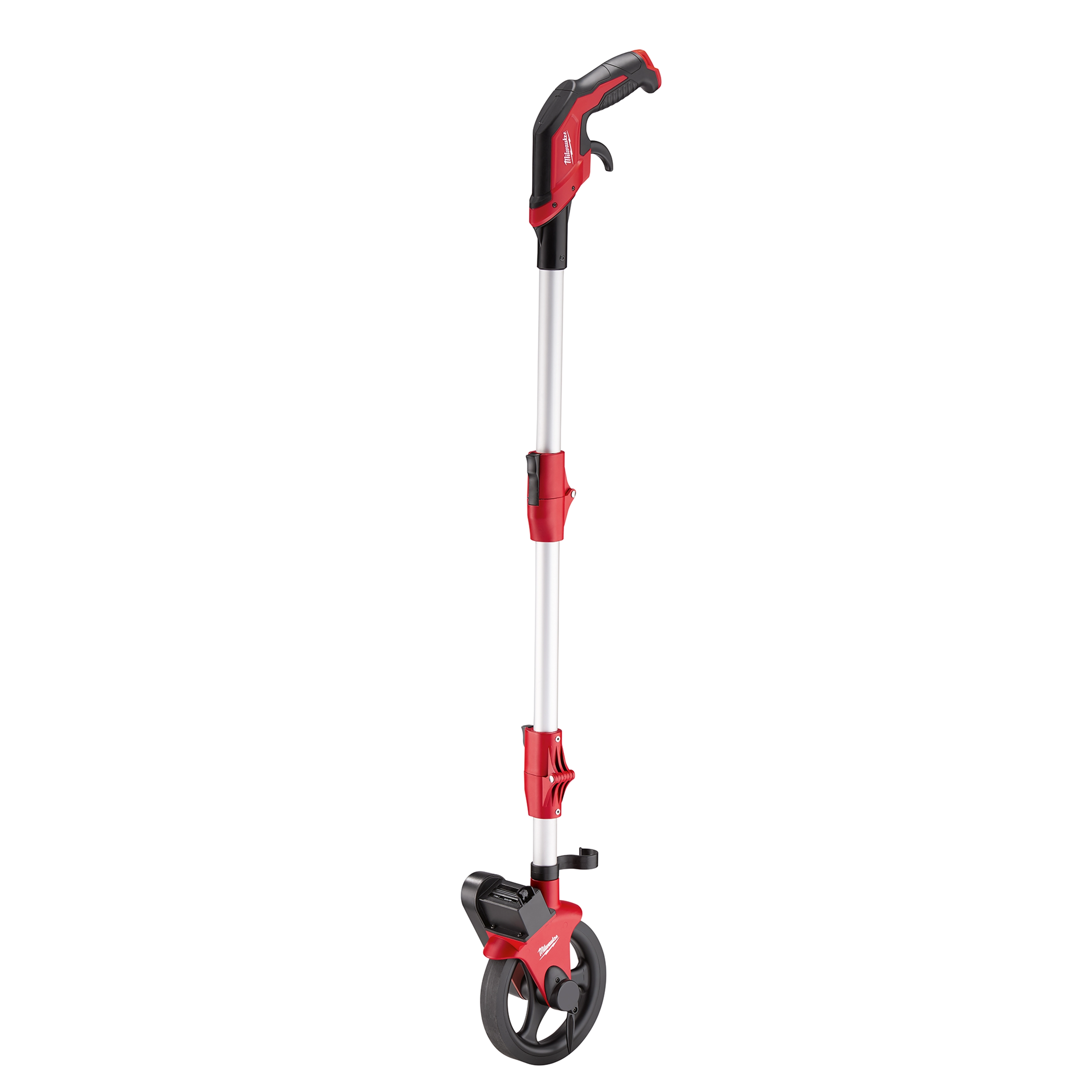The Measuring Wheel features a red and black handle with an ergonomic grip, a telescoping shaft, and a large, durable measuring wheel.