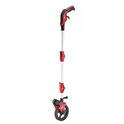 The Measuring Wheel features a red and black handle with an ergonomic grip, a telescoping shaft, and a large, durable measuring wheel.