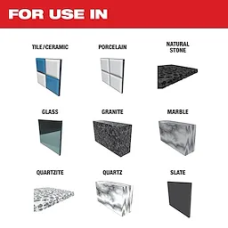 DIAMOND MAX Hole Saw is suitable for use in tile/ceramic, porcelain, natural stone, glass, granite, marble, quartzite, quartz, and slate.