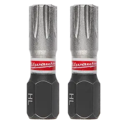 Two SHOCKWAVE™ 1" Insert Bits for HeadLOK™ Wood Screws (2 PK) by Milwaukee are pictured. The insert bits feature a metallic and black design with "HL" and "Milwaukee" branding on them.