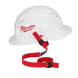 White hard hat featuring the Milwaukee logo and a red Hard Hat Lanyard with Loop. The lanyard attaches to the helmet and includes an adjustable buckle with a red strap for securing.