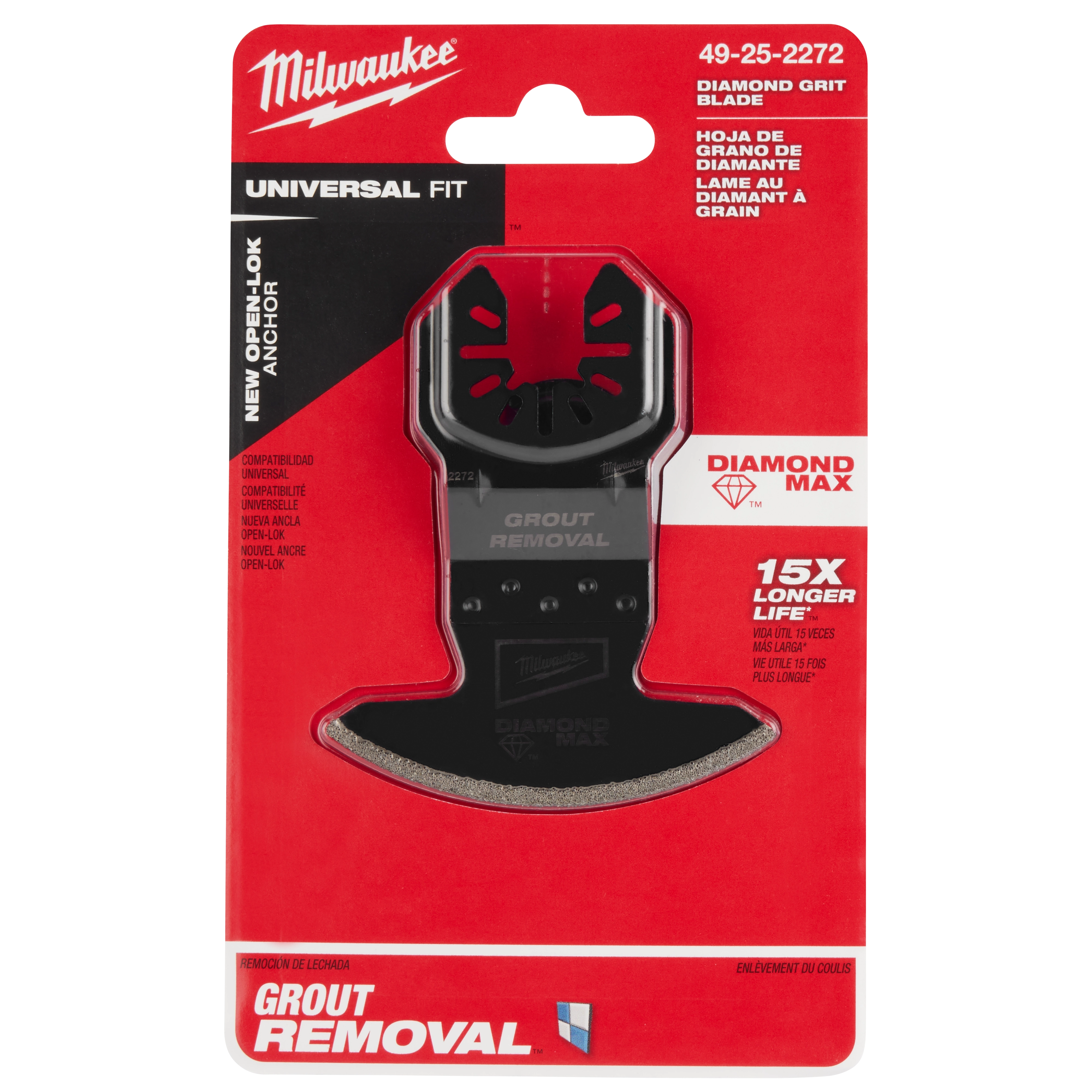 Milwaukee Open-Lok Diamond Max Diamond Grit Grout Removal Multi-Tool Blade in red packaging, offering 15 times longer life.