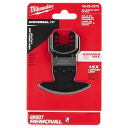 Milwaukee Open-Lok Diamond Max Diamond Grit Grout Removal Multi-Tool Blade in red packaging, offering 15 times longer life.