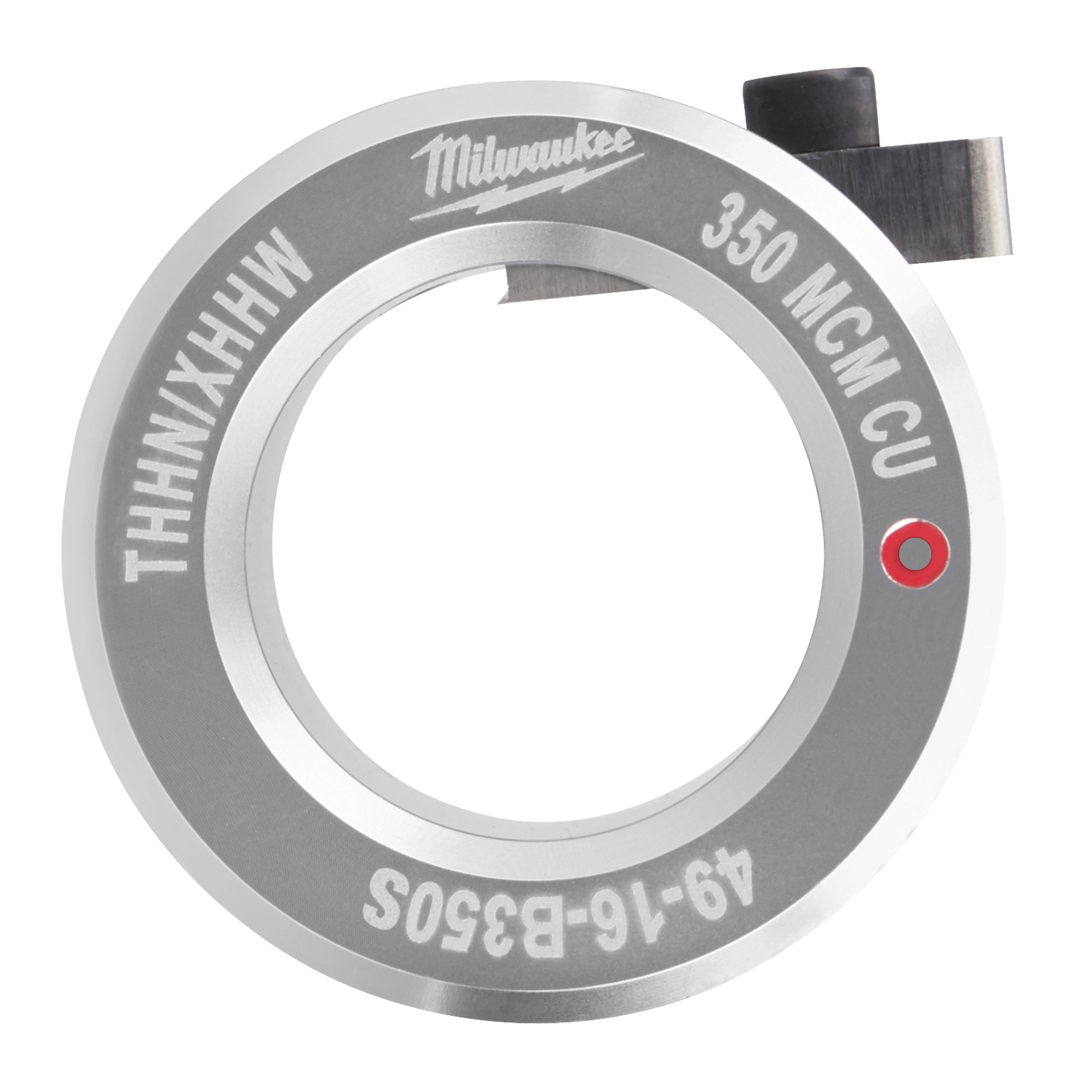 Round metallic ring marked with "350 MCM Cu THHN/XHHW S Bushing" and brand name. The inner circle is hollow with an attached dark metal clip. The item appears silver with clear, engraved labels.