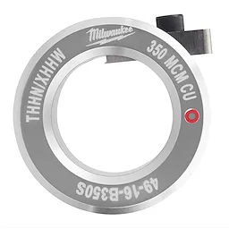 Round metallic ring marked with "350 MCM Cu THHN/XHHW S Bushing" and brand name. The inner circle is hollow with an attached dark metal clip. The item appears silver with clear, engraved labels.