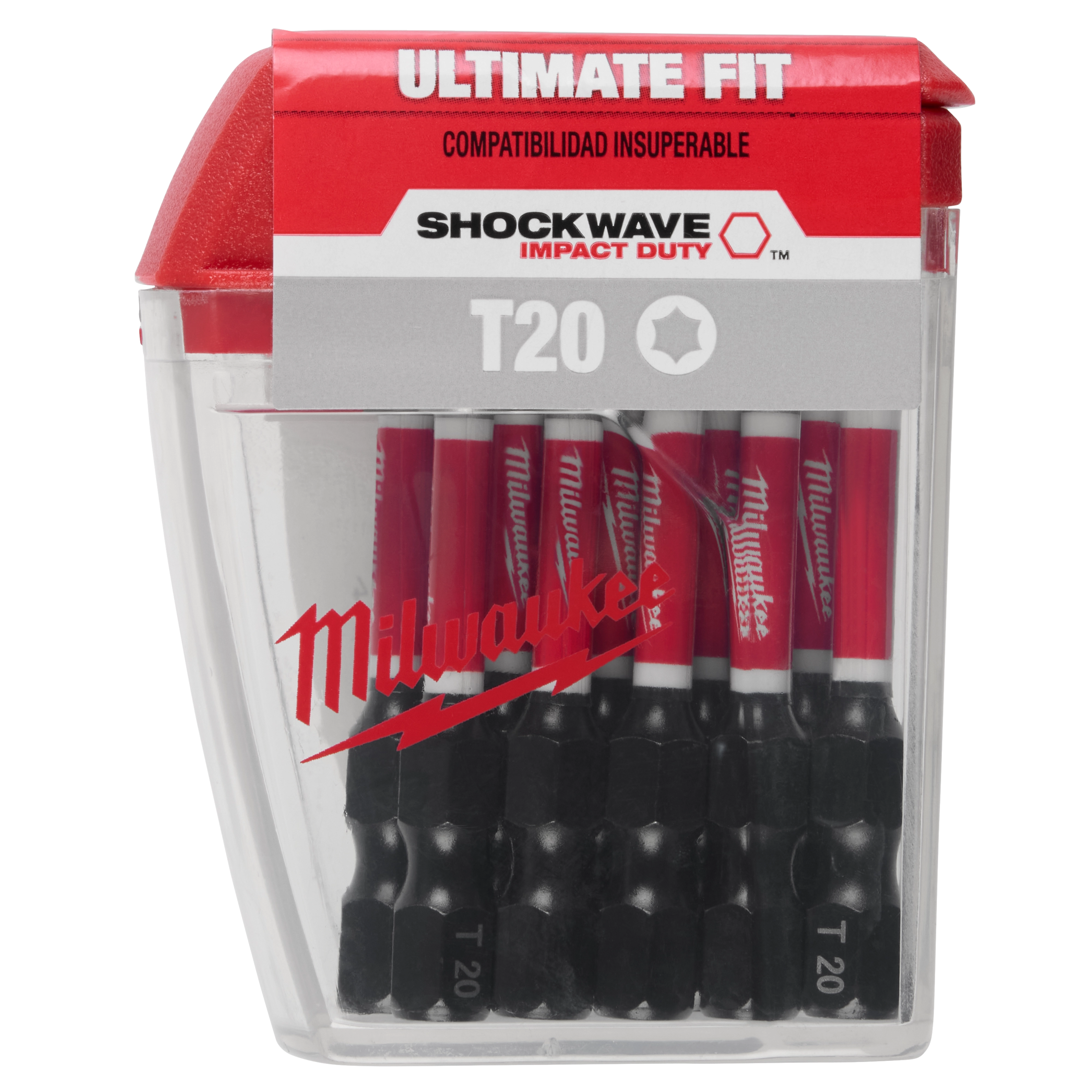 The image shows a pack of SHOCKWAVE™ 2" T20 Impact Bits (15 Contractor PK) by Milwaukee, featuring a clear plastic container with a red top and containing 15 T20 screwdriver bits designed for impact duty.
