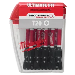 The image shows a pack of SHOCKWAVE™ 2" T20 Impact Bits (15 Contractor PK) by Milwaukee, featuring a clear plastic container with a red top and containing 15 T20 screwdriver bits designed for impact duty.