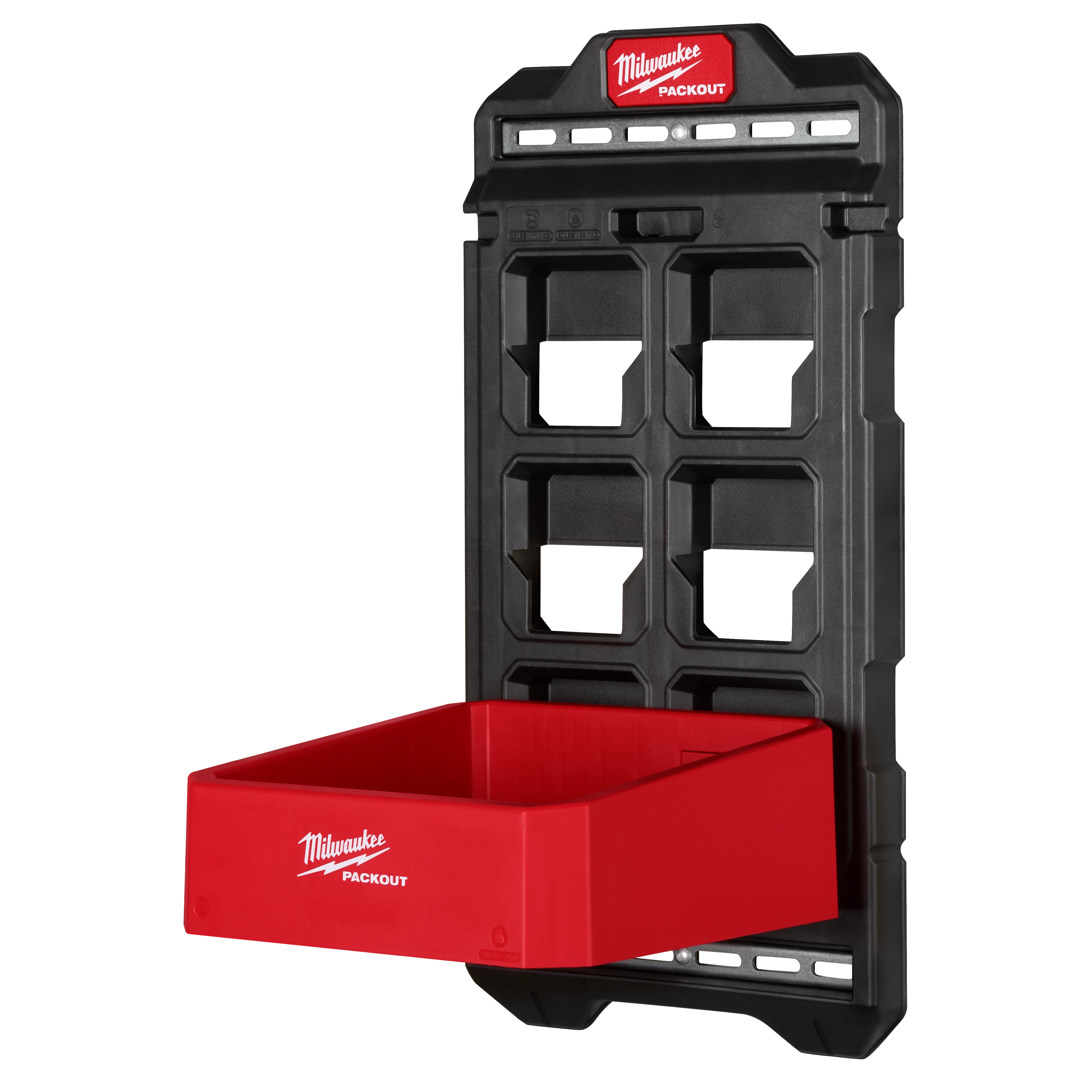 Black PACKOUT Compact Wall Plate with multiple mounting slots and a red storage bin attached at the bottom.