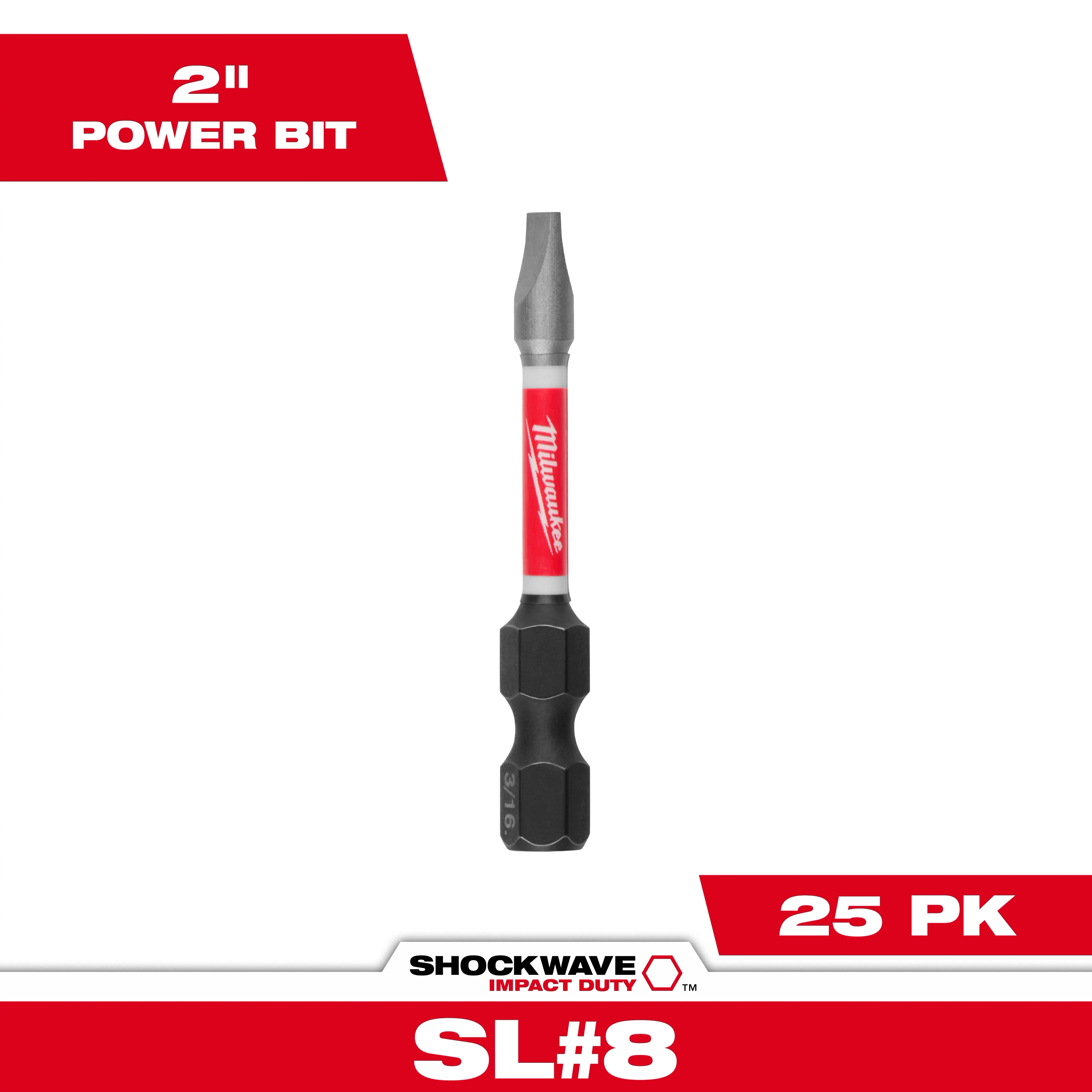 This image displays a SHOCKWAVE™ 2" Impact Duty Slotted 3/16" Power Bit, sold in a pack of 25. The bit is shown against a white background with red product branding and labels emphasizing its size and quantity.
