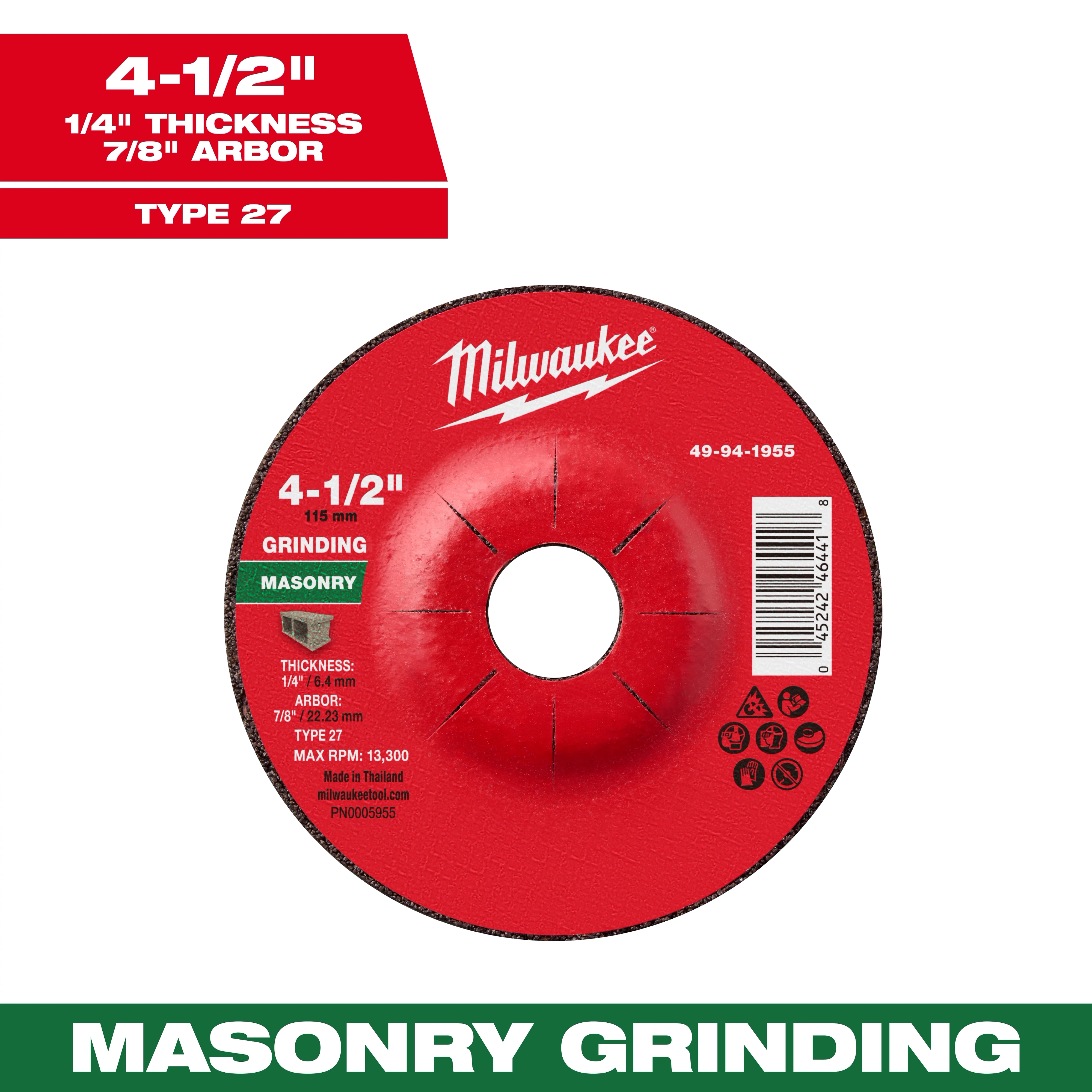 4-1/2" x 1/4" x 7/8" Masonry Grinding Wheel - Type 27, red with labeling and specifications, including RPM and dimensions.