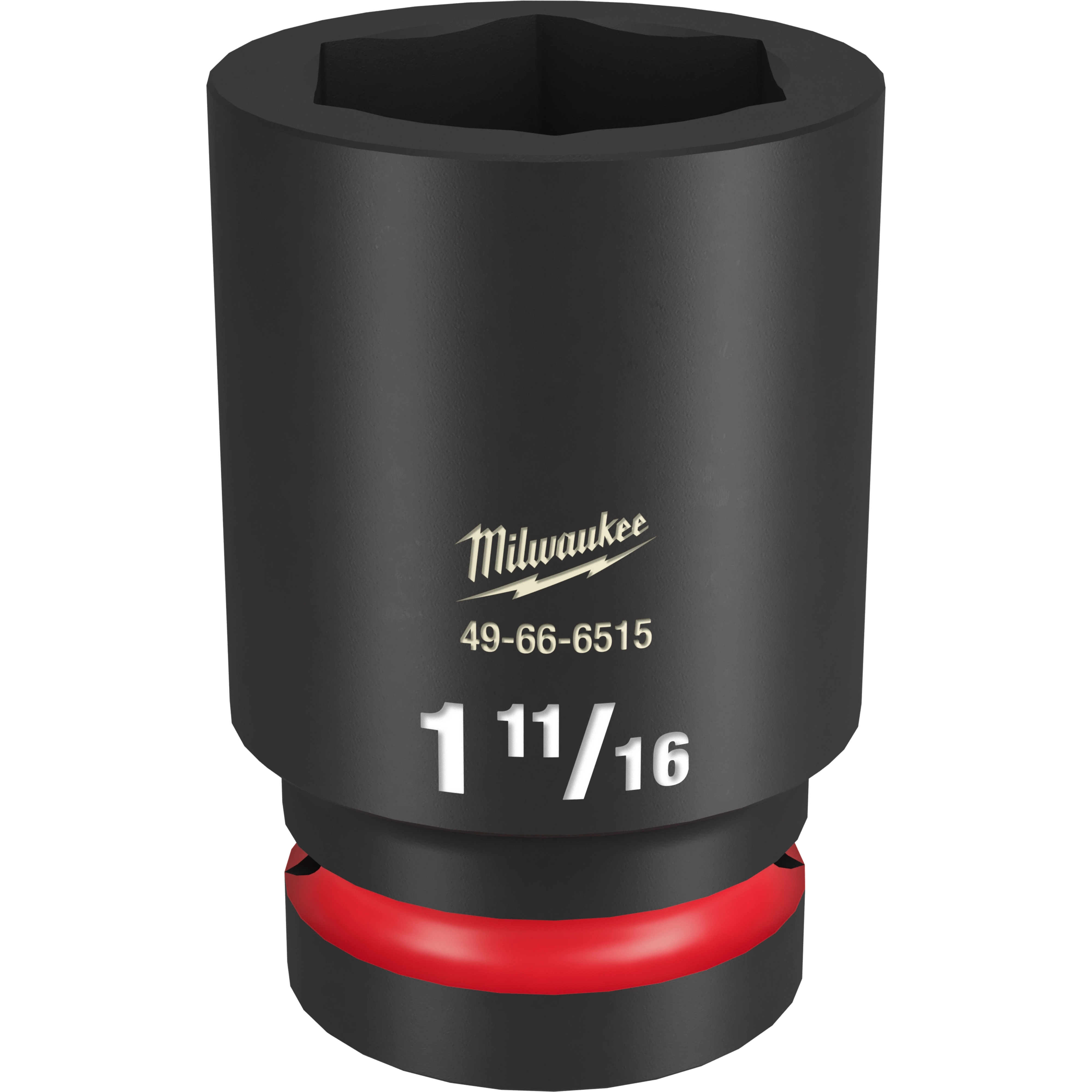1%22%20DR%201-11%2F16%20DEEP%20IMPACT%20SOCKET by Milwaukee is a heavy-duty, black socket with white size markings. It features a red ring near the base and model number 49-66-6515.