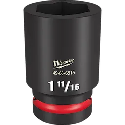 1%22%20DR%201-11%2F16%20DEEP%20IMPACT%20SOCKET by Milwaukee is a heavy-duty, black socket with white size markings. It features a red ring near the base and model number 49-66-6515.