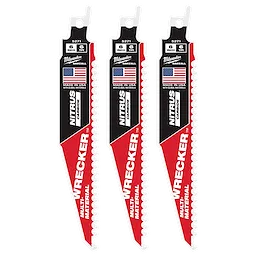 Three 6-inch WRECKER™ with NITRUS™ Carbide SAWZALL® blades for multi-material cutting are shown. These blades feature a red and white design with an American flag emblem, indicating they are made in the USA by Milwaukee. The pack includes three blades designed for various cutting tasks.