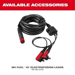 MX FUEL™ Electrofusion Processor accessory includes 15-foot electrofusion leads with red connectors. Product number 48-08-5415 is displayed below the coiled leads. Text "AVAILABLE ACCESSORIES" is prominently featured in red above the product image.