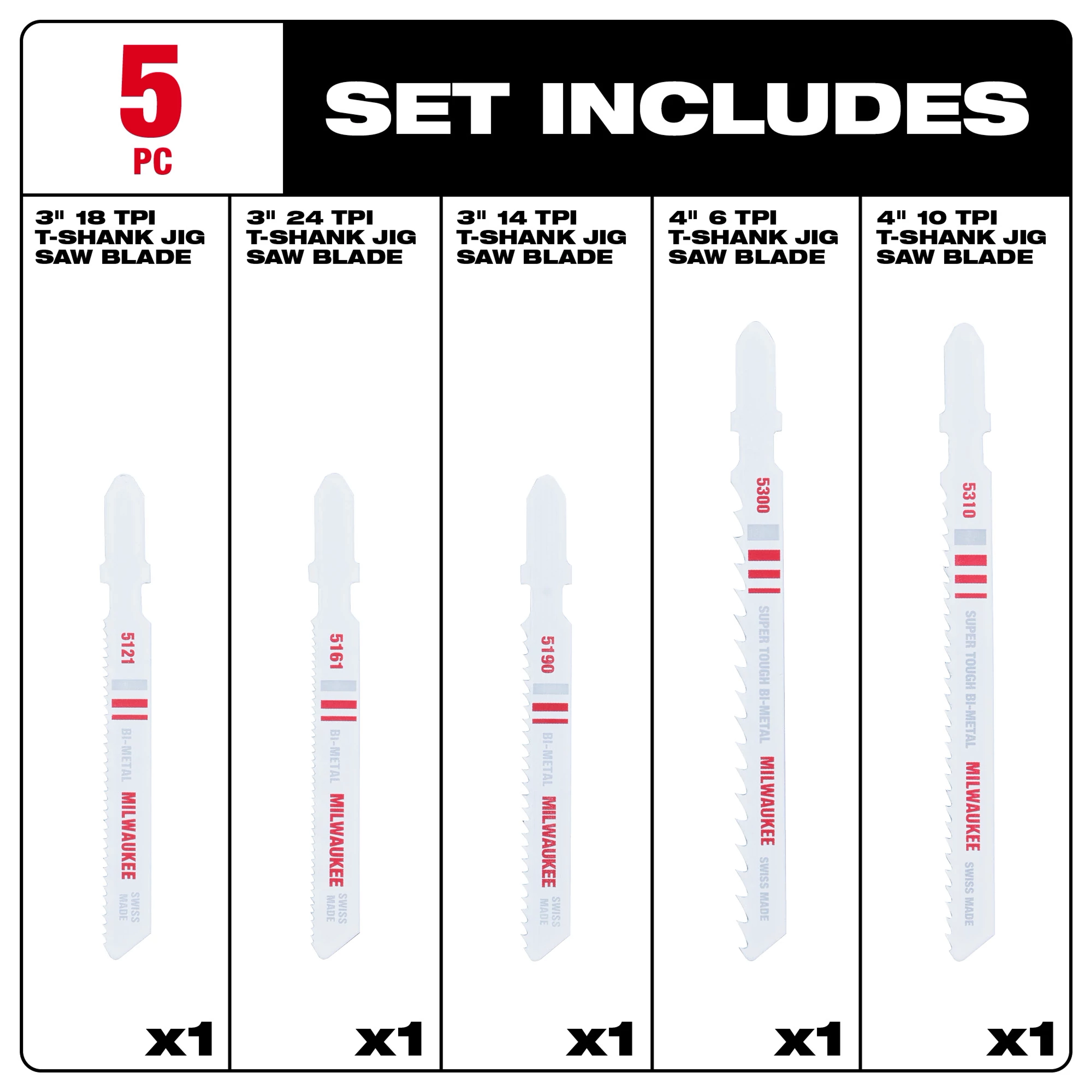 5Pc T-Shank Bi-Metal Jig Saw Blade Set includes five blades with different teeth per inch (TPI) ranging from 6 TPI to 24 TPI.
