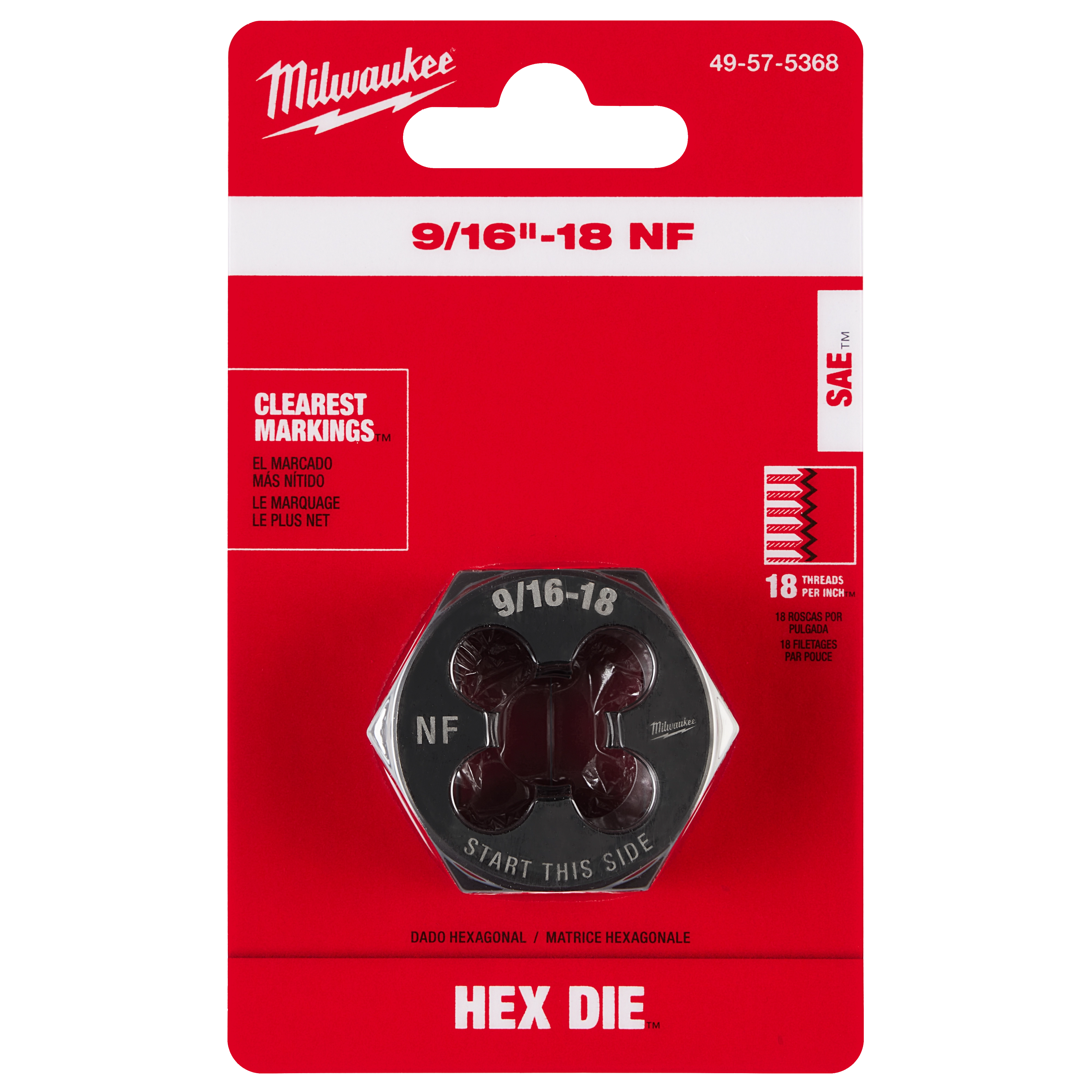 9/16"-18 NF 1-7/16" Hex Threading Die in red packaging with 18 threads per inch and clear markings, displayed on a peg hook.