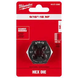 9/16"-18 NF 1-7/16" Hex Threading Die in red packaging with 18 threads per inch and clear markings, displayed on a peg hook.