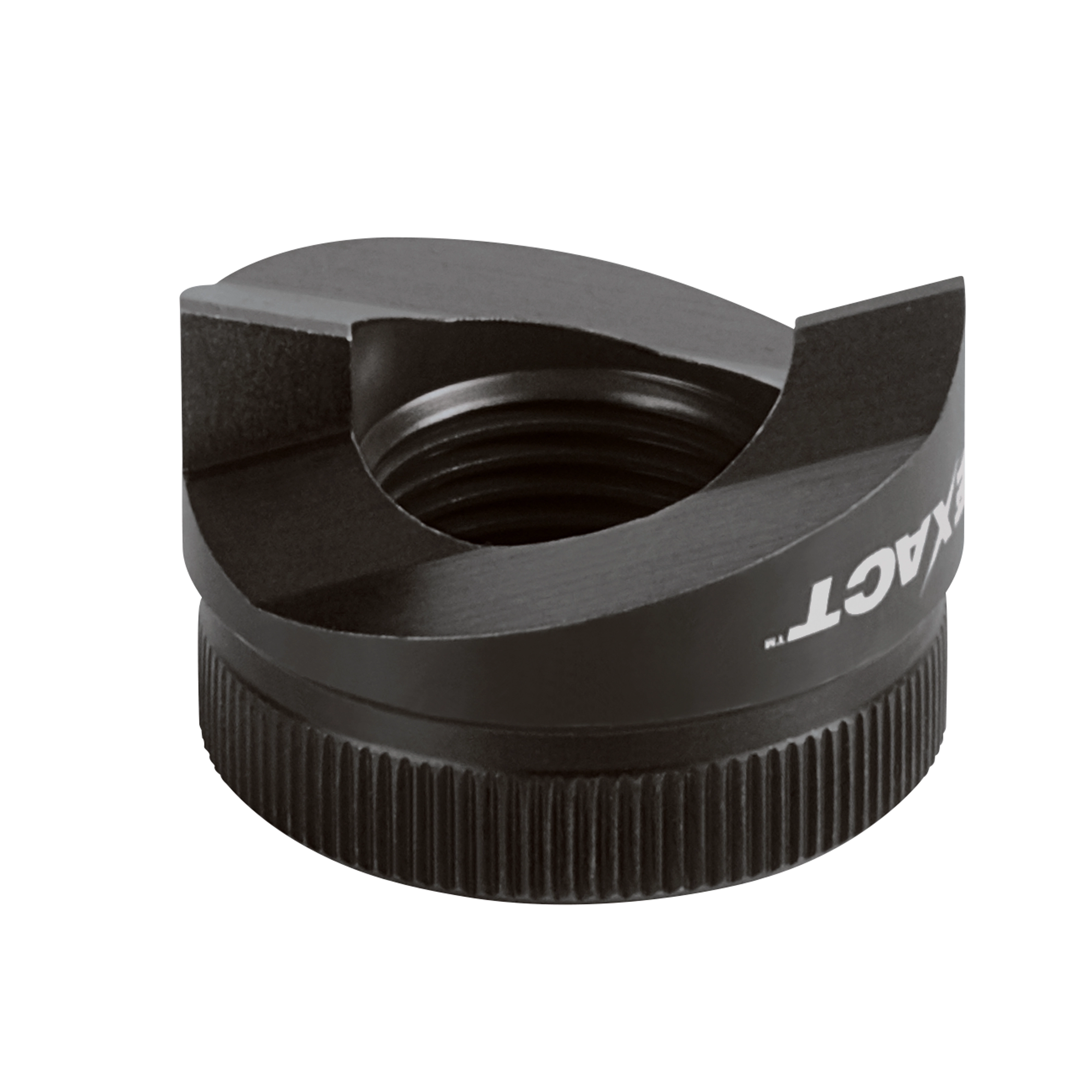 The Exact™ 1-3/8" Sink Punch is a black, round metal tool with a threaded interior and serrated bottom edge, designed for punching holes in sinks.