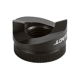 The Exact™ 1-3/8" Sink Punch is a black, round metal tool with a threaded interior and serrated bottom edge, designed for punching holes in sinks.