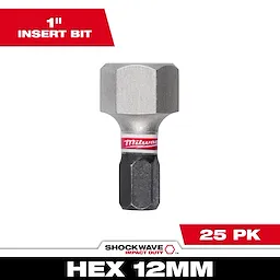 The image shows a SHOCKWAVE™ 1" Impact Duty Hex 12 MM Insert Bit Bulk, 25-pack. The bit is gray and black with a red Milwaukee branding, featuring a hexagonal tip. The product name, "1" Insert Bit" and "25 PK" are displayed in red and white text labels.
