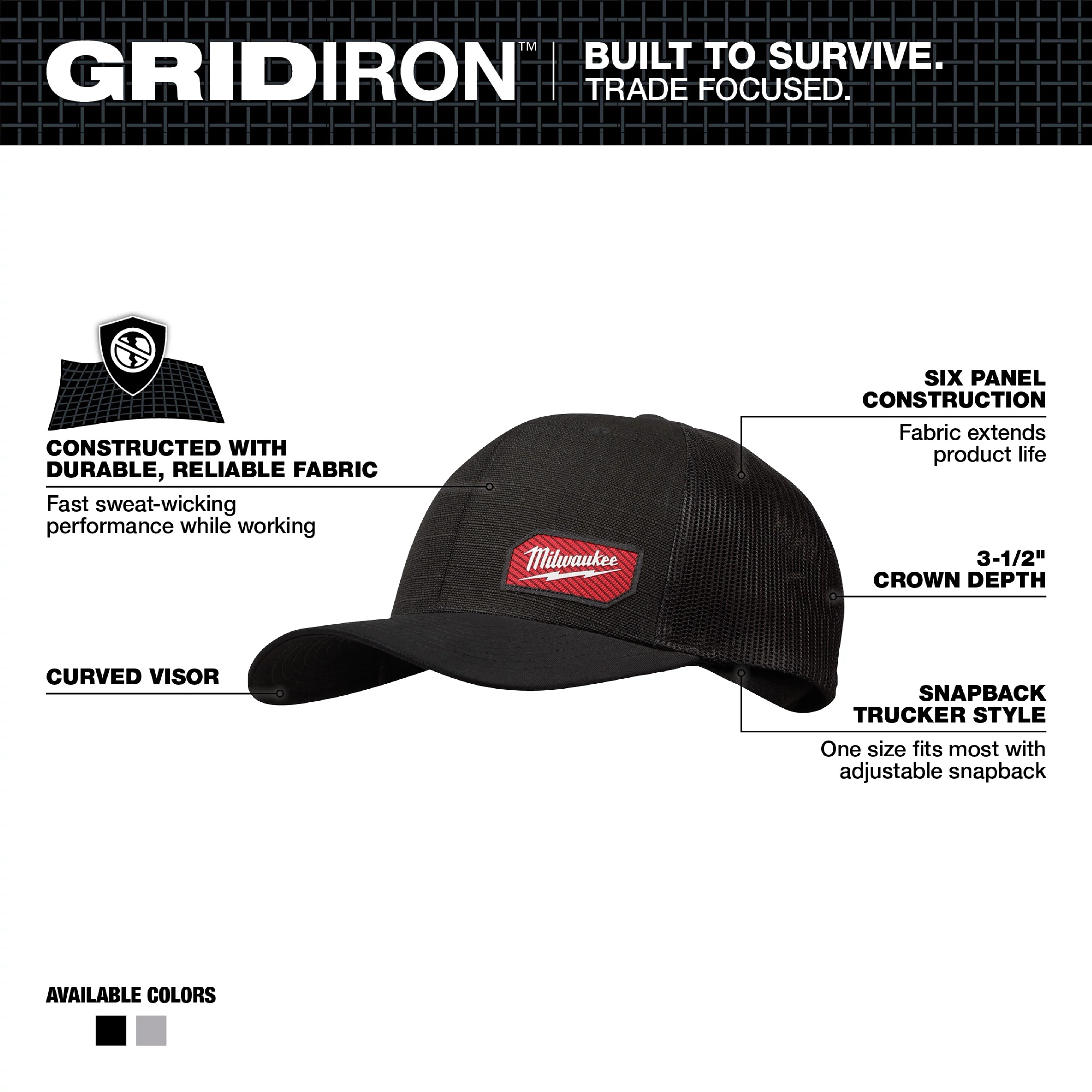 GRIDIRON Snapback Trucker Hat - Black Walkaround features a curved visor, durable fabric, six-panel construction, and adjustable snapback.