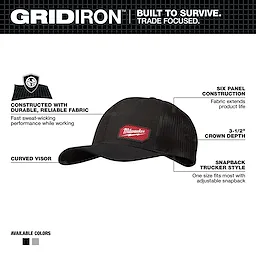 GRIDIRON Snapback Trucker Hat - Black Walkaround features a curved visor, durable fabric, six-panel construction, and adjustable snapback.