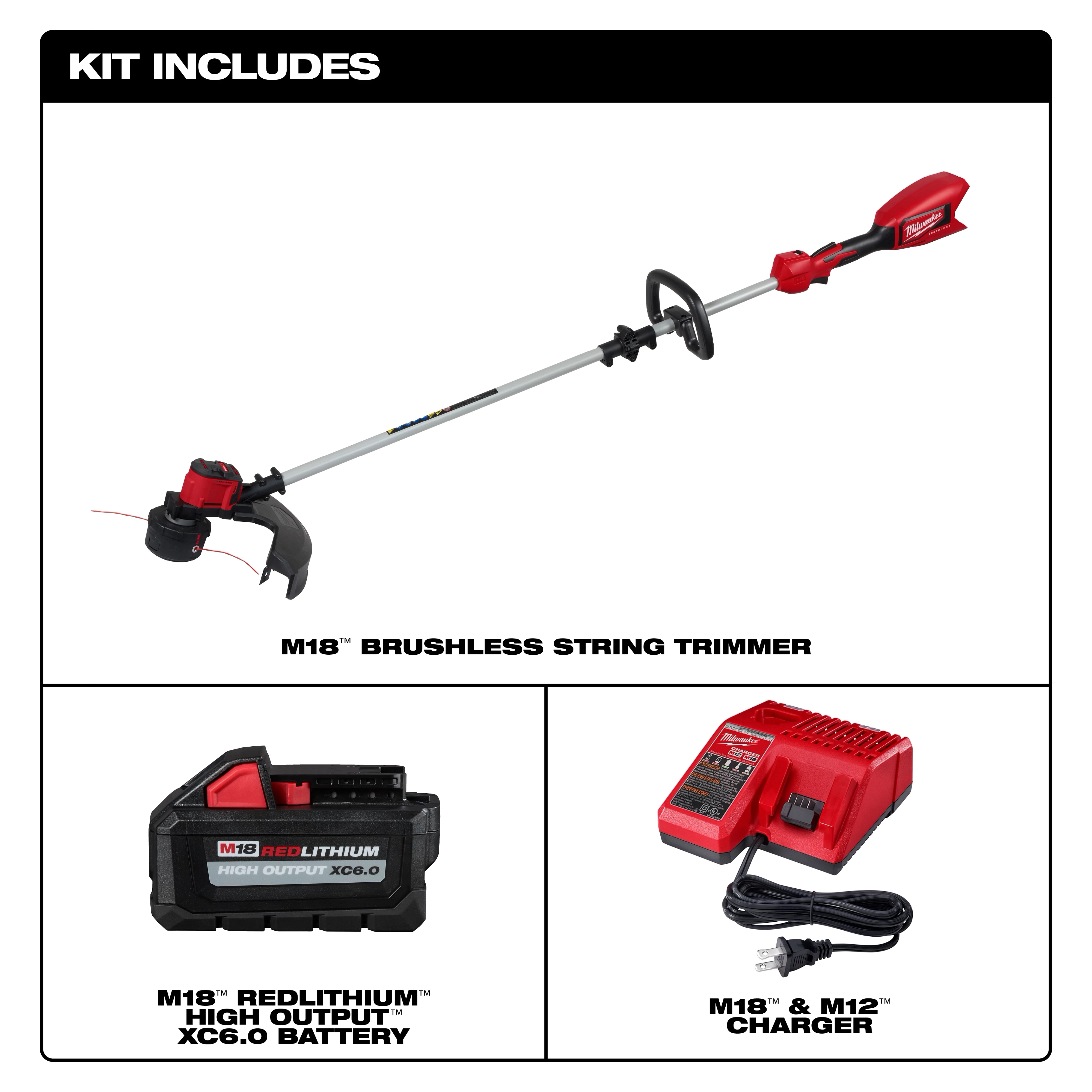 The M18 Brushless String Trimmer kit includes a red and black string trimmer, M18 REDLITHIUM™ High Output XC6.0 battery, and M18™ & M12™ charger. The trimmer has a long shaft with an adjustable handle.
