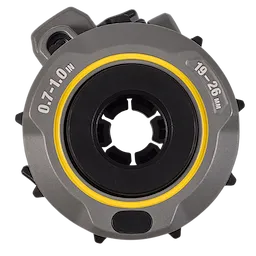 0.7"-1" Adjustable Bushing for M18 FUEL™ Covered Conductor Cable Stripper is a silver and black circular tool with a yellow ring. It is labeled with measurement markers, 0.7"-1.0" and 19-26 mm, indicating its adjustable range for conductor cable stripping.