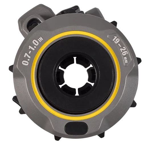 0.7"-1" Adjustable Bushing for M18 FUEL™ Covered Conductor Cable Stripper is a silver and black circular tool with a yellow ring. It is labeled with measurement markers, 0.7"-1.0" and 19-26 mm, indicating its adjustable range for conductor cable stripping.